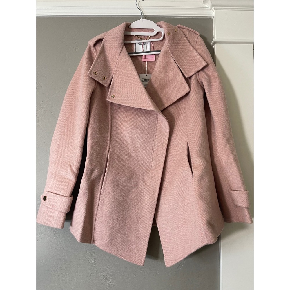 Belle & Bloom Bad Girl Wool Blend Moto Coat Blush Pink Herringbone M